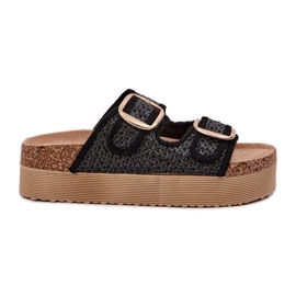 Papuče s pletenicama i kopčama na masivnoj platformi crno crna