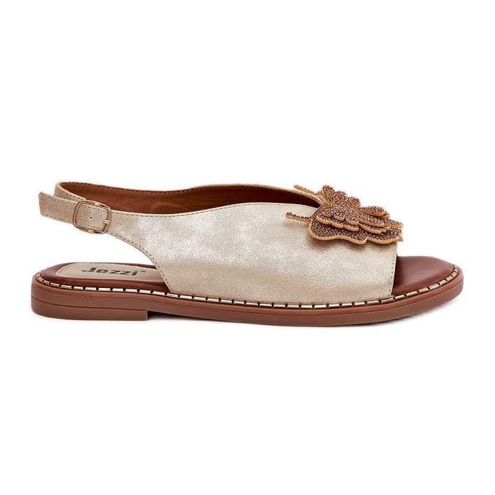 Jezzi Ženske sandale s ravnim slovima sa zlatnim ukrasom zlatna