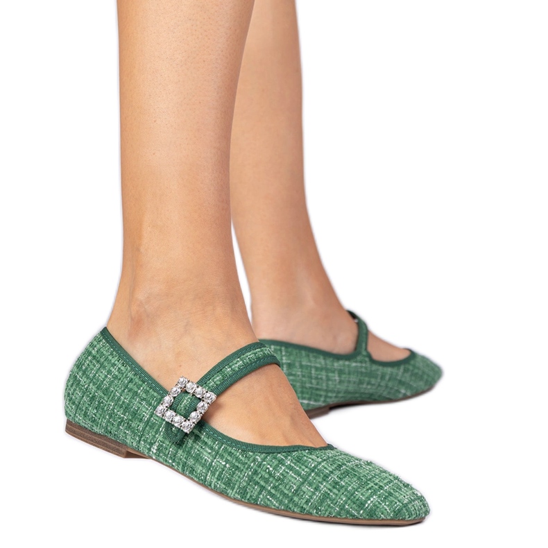 Zelene ženske balerine s kopčom i kristalima zelena
