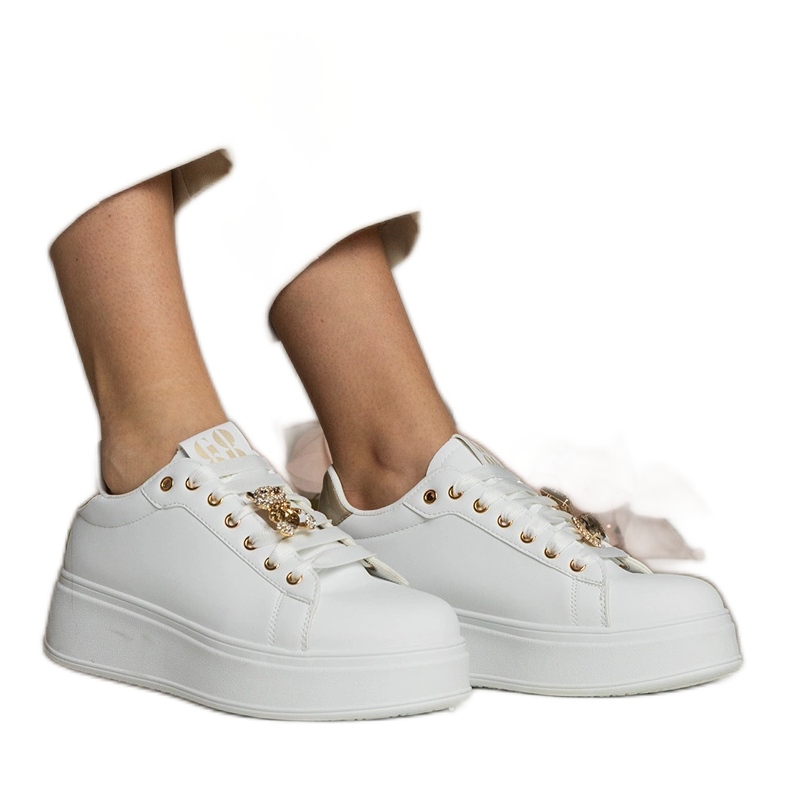 Ženske bijele i zlatne tenisice ukrašene kamenjem bijela