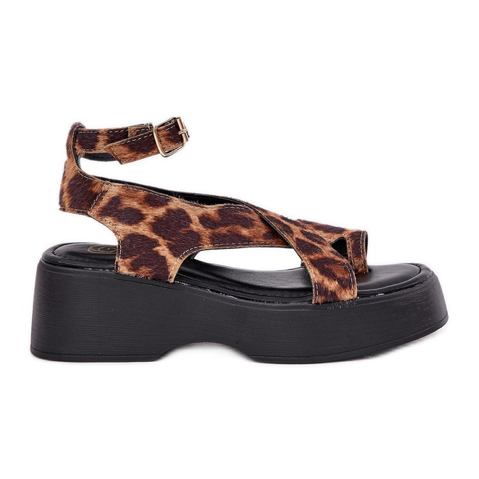 Ženske sandale na platformi i smeđim leopardovim ispisnim klinovima smeđa