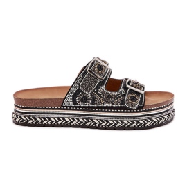 Papuče s ukrasom i kopčama na crnoj platformi crna