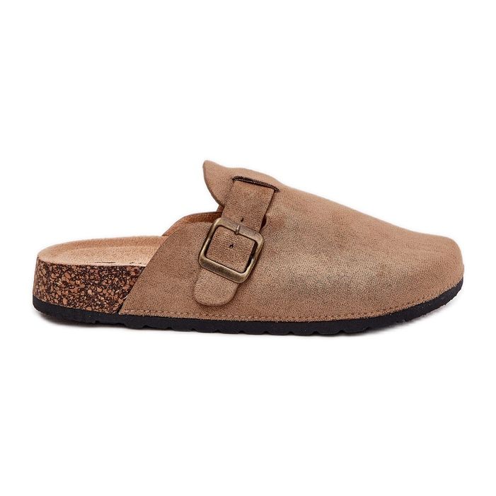 Papuče ženske začepljenja na platformi s kaki kopčama bež