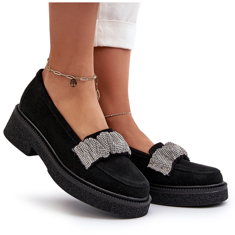 ZAZOO 3419 Ženski mokasini antilop s ukrasnim remenom crnim remenom crno