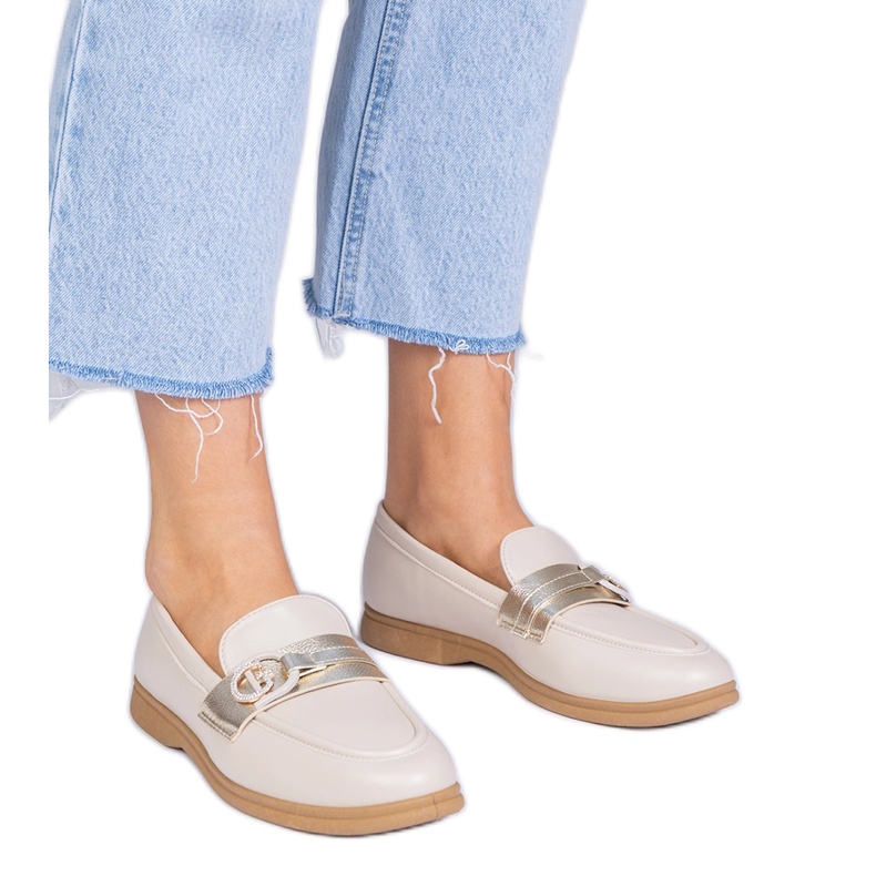 Beige Eco -leather Loafers s cirkonima bež