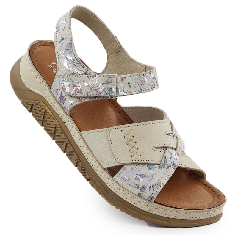 Koža udobne sandale od čičak s bež cvjetovima t.sokolski L25-173