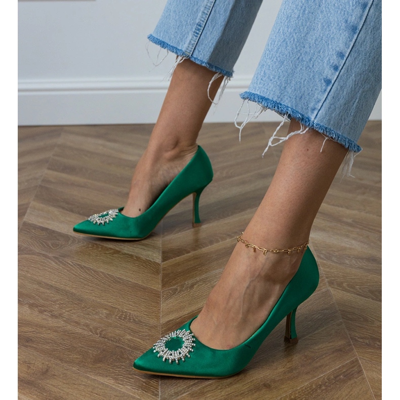 Zelene satenske pumpe s cirkonima zelena