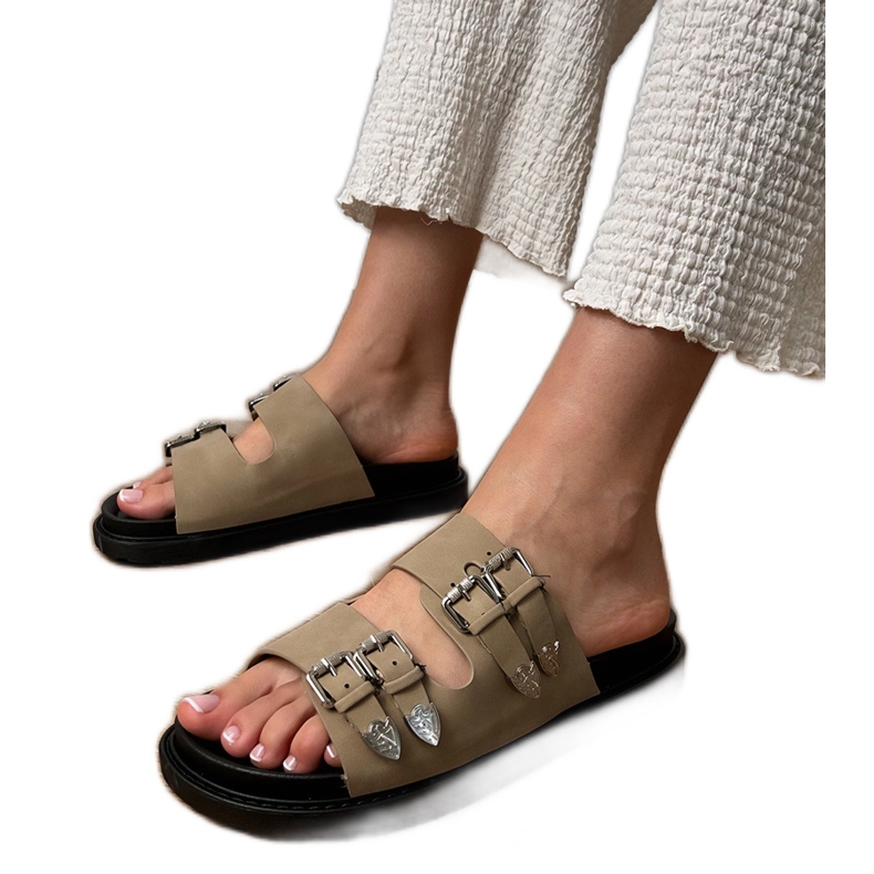 Zelene ženske papuče s ukrasnim kopčama bež