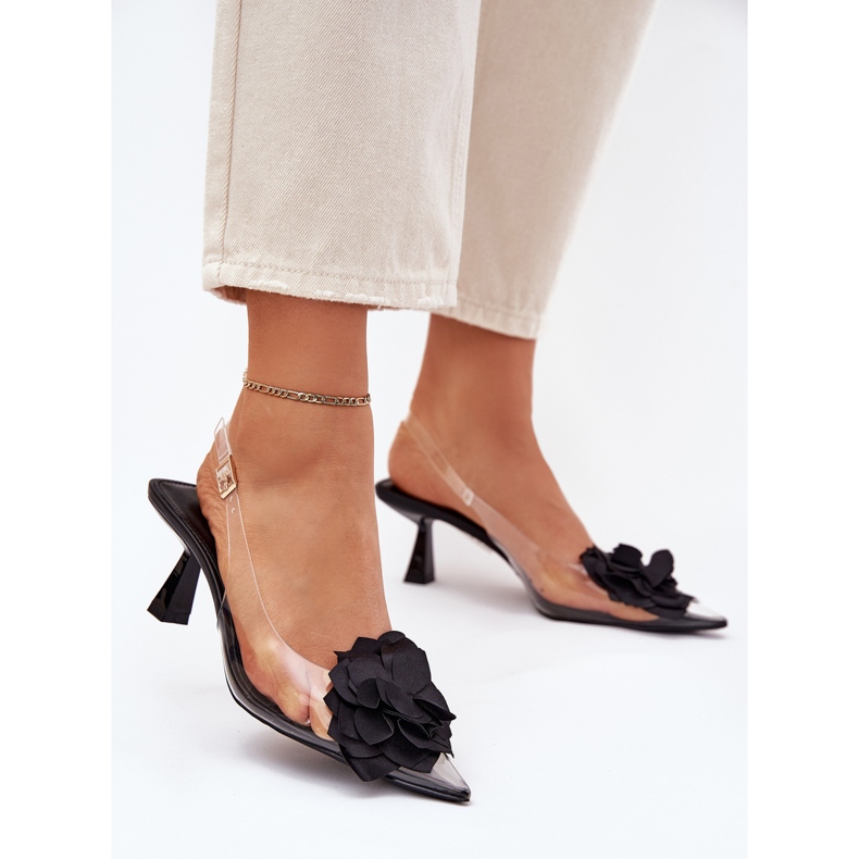 Prozirne sandale na visokoj peti s ukrasnim cvijećem crno