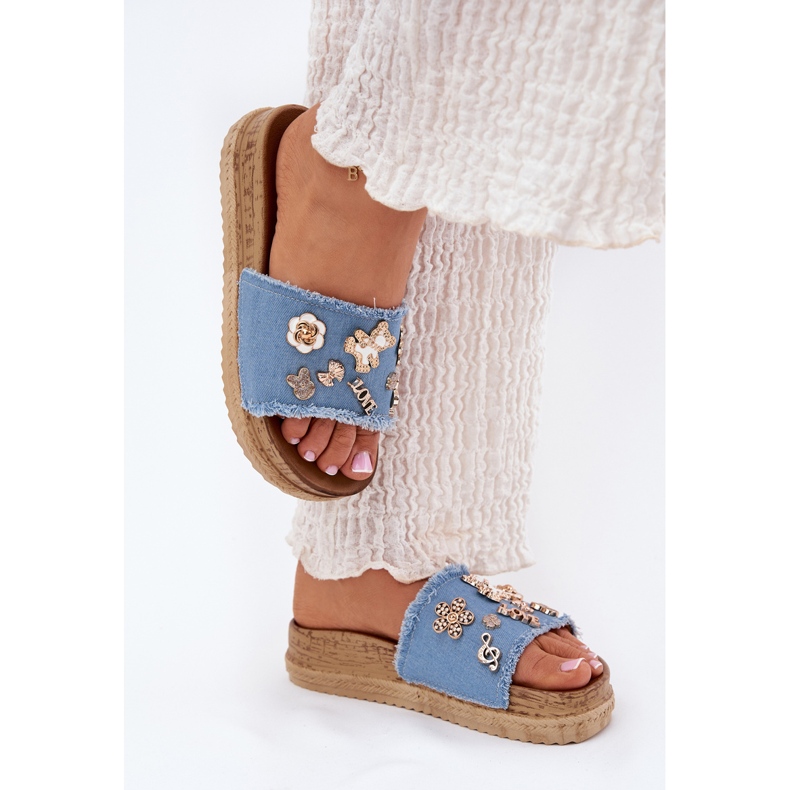 Ženske papuče sa zlatnim igle na plavoj platformi plava