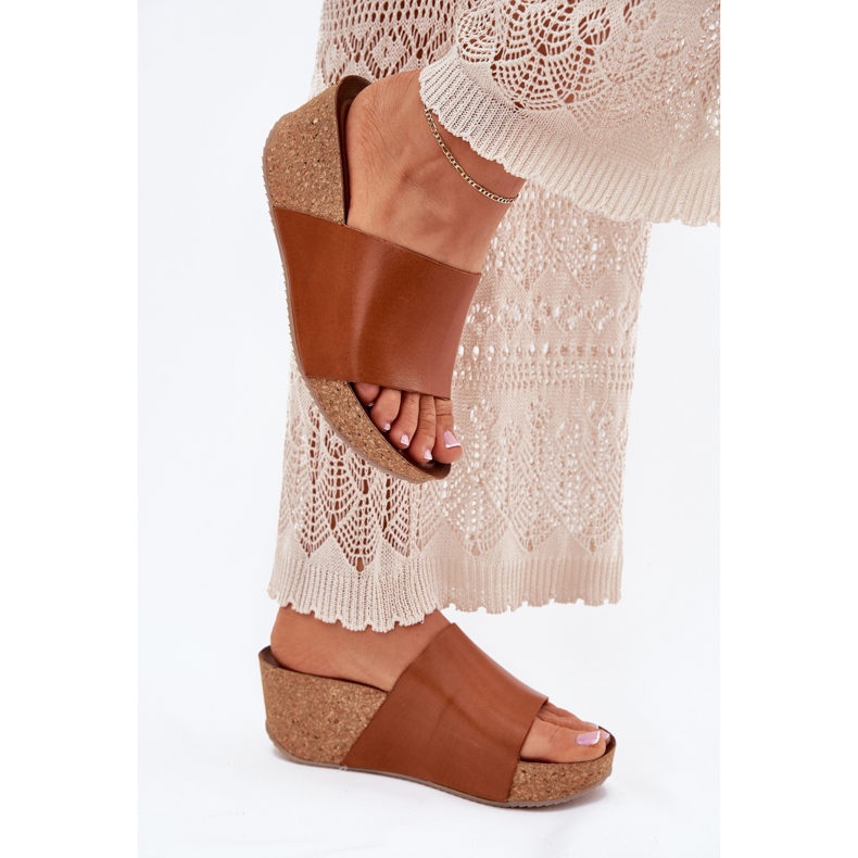 Zazoo 40291 Kožne ženske papuče na plutastim smeđim klinovima smeđa