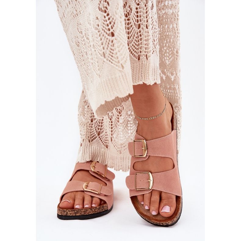 Ženske papuče na plutanoj platformi sa zlatnim stezaljkama ružičasta