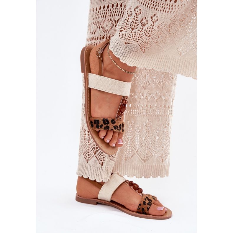 Ravne ženske sandale s perlicama smeđim leopardovim otiskom smeđa