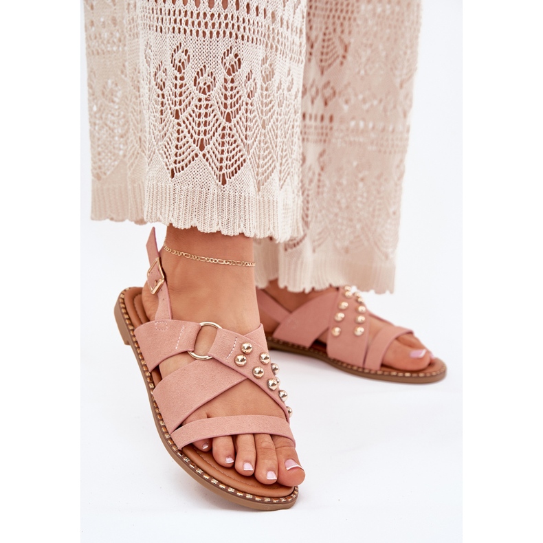 Ženske sandale s ravnim slovima sa zlatnim klipovima ružičaste ružičasta