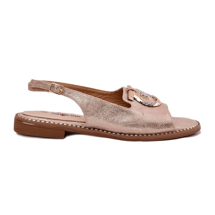 Elegantne ženske sandale s dekoracijom s ravnim petom S.Barski KV51-003 ružičasto zlato zlatna