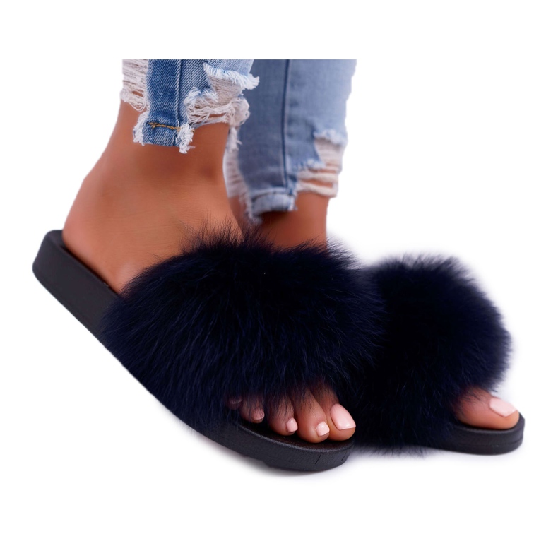 Ženske papuče s prirodnim krznom Naturis Navy Blue mornarsko plava