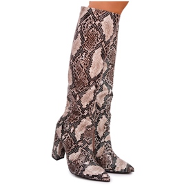 FRGIV Ženske čizme na zmijskoj koži visokih potpetica bež mrkve