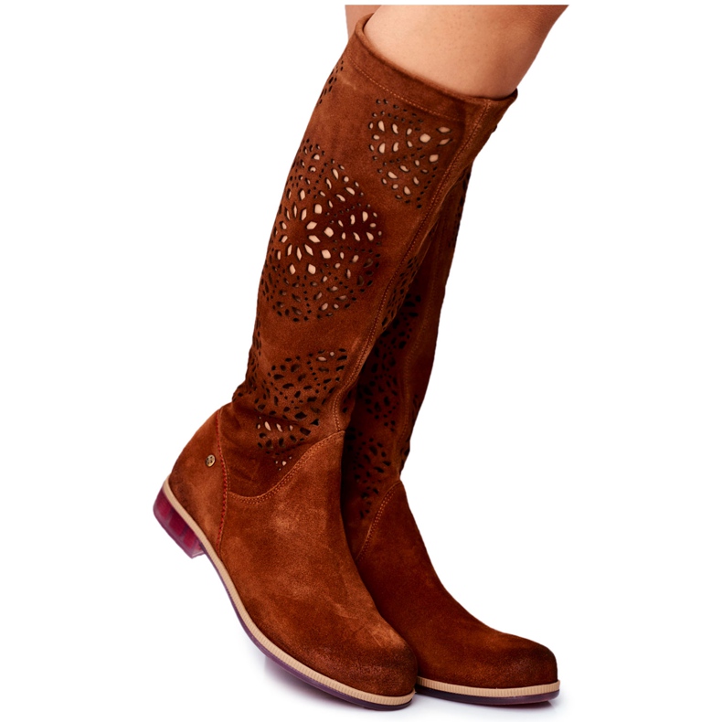 Ženske visoke čizme Maciejka Leather Openwork Camel 04525-29 smeđa