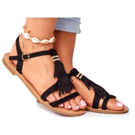 FRJ Ženske sandale Ravna antilop Boho Crna Lucami