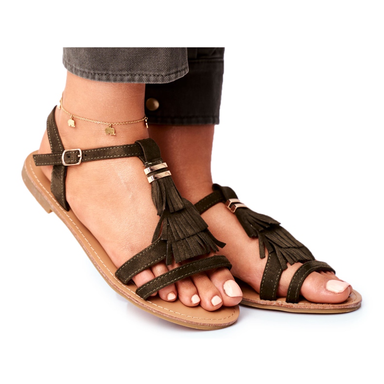 FJ1 Ženske sandale Ravna antilop Boho Olive Lucami raznobojna zelena