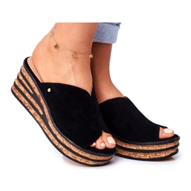 Ženske kožne papuče na klin Nicole 2559 Crna limunada