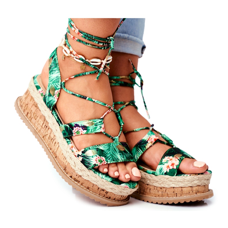 FB2 Ženske sandale na platformi od plute zavezane Green Way raznobojna zelena