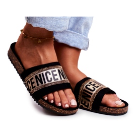 EVE Ženske crne papuče na plutu BeNice Gold Rhinestones crna žuta boja