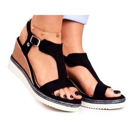 BUGO Ženske sandale na klin Black Rosa crna