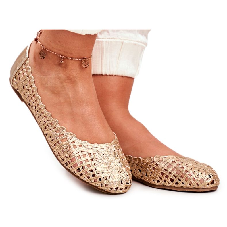 Ženske balerinke Lu Boo zlatne ažur pletene zlatna