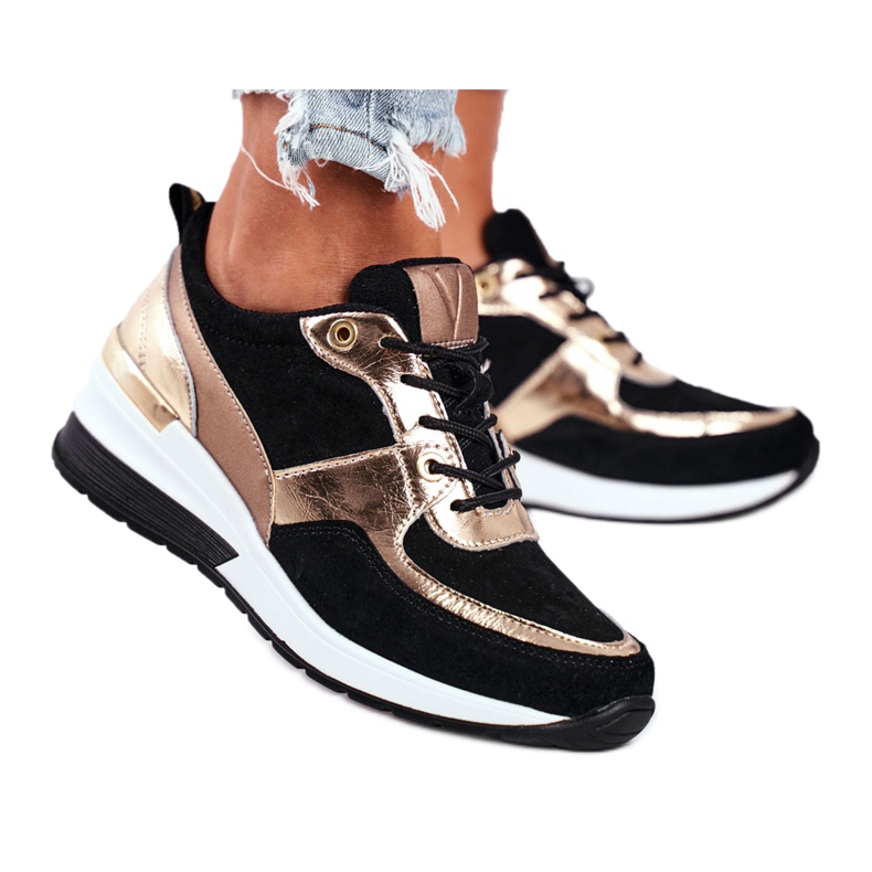 Vinceza Ženske sportske cipele kožne crne i zlatne 21-7777 crno