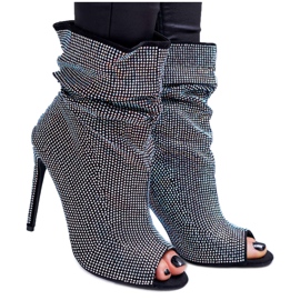 Ženske čizme na visoku petu Lu Boo Rhinestones crne trake crna srebro