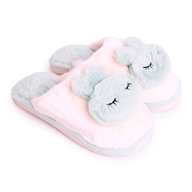 Ženske krznene papuče svijetlozeleni zec ružičasta zelena