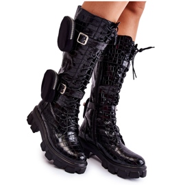 Joia Ženske čizme Trappers s torbicama Crni životinjski tisak Military crna