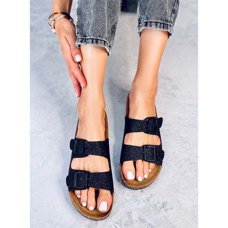 Alexa papuče od crnog svjetlucavog pluta crna 1