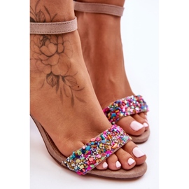 Moderne sandale na visoku petu s ukrasnim kamenčićima bež boje Love Me 2