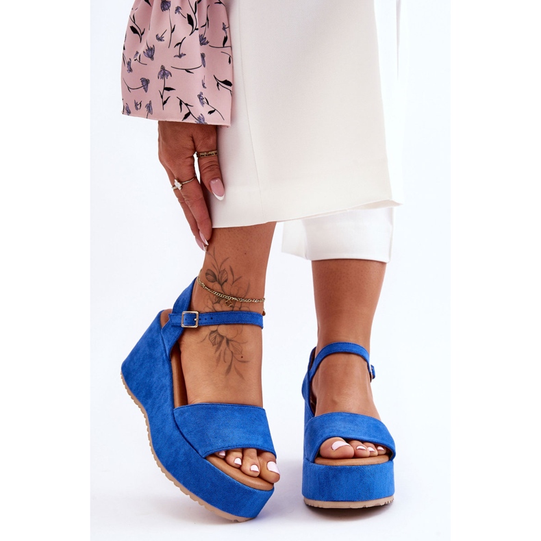 Ženske sandale na klin od brušene kože Plava Lydia 1