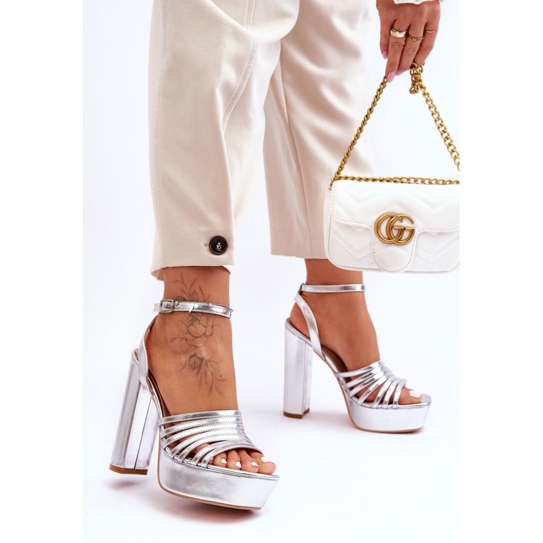 Sandale na visoku petu Silver Maya srebro 2