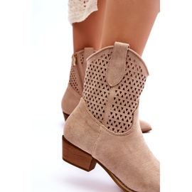 Ženske ažurne kaubojske čizme bež trske 3