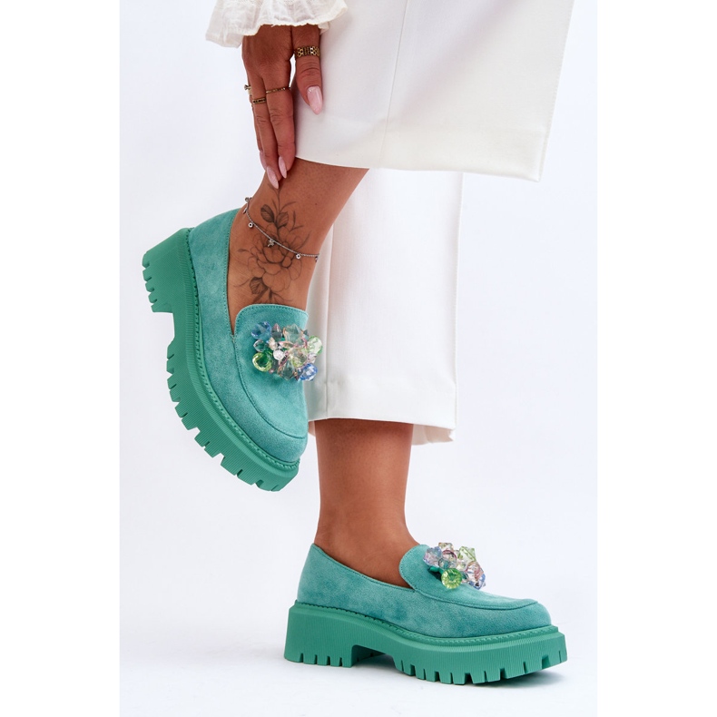 PS1 Ženske mokasine s ukrasnim kristalima Green Avril zelena 2