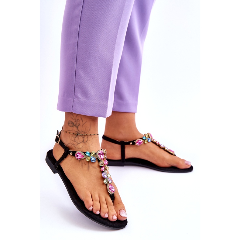 Japanke od brušene kože s kamenjem Black Frency crna 2