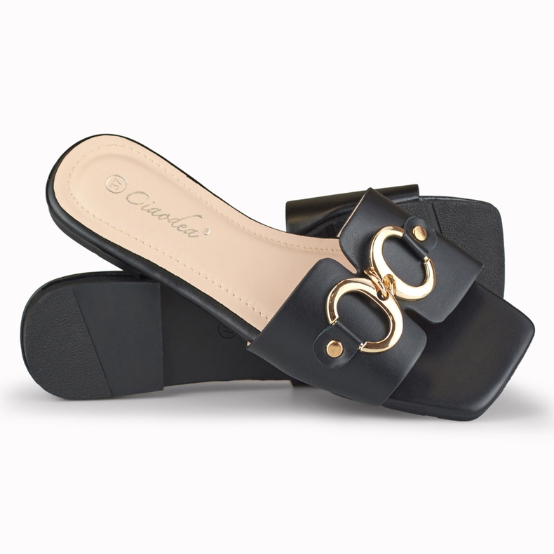 Crne ženske papuče sa zlatnim Hensi ukrasom crno 1