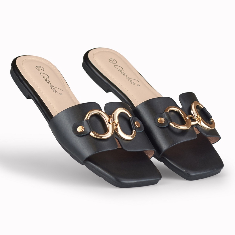 Crne ženske papuče sa zlatnim Hensi ukrasom crno 2