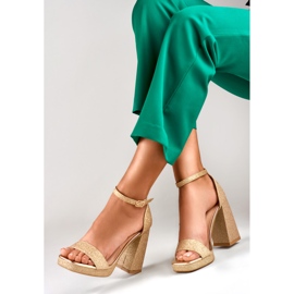 Zlatne sjajne sandale na široku visoku petu zlatna 1