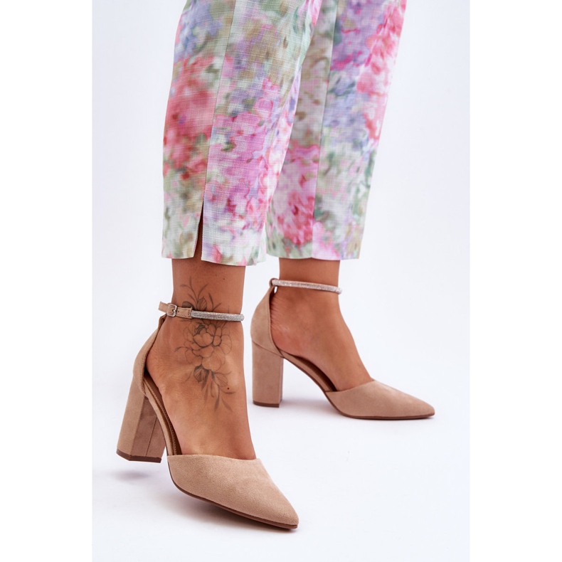 Tamno bež salonke od dijamantne brušene kože s kubičnim cirkonijem 1