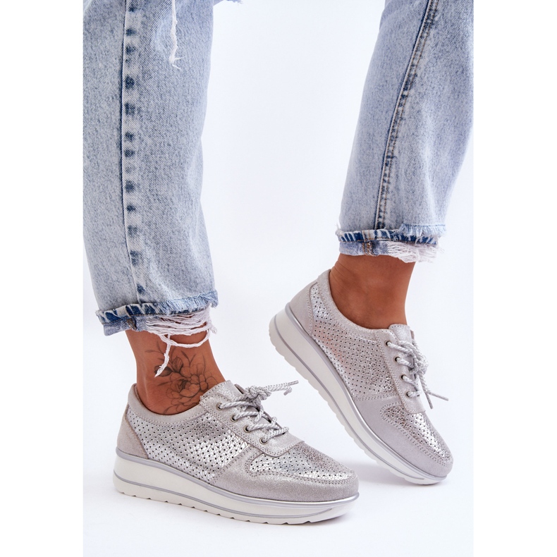 Kožna sportska obuća s perforacijom S.Barski AL22246 Srebrna srebro 1