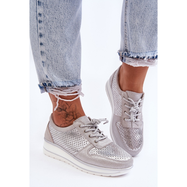 Kožna sportska obuća s perforacijom S.Barski AL22246 Srebrna srebro 2