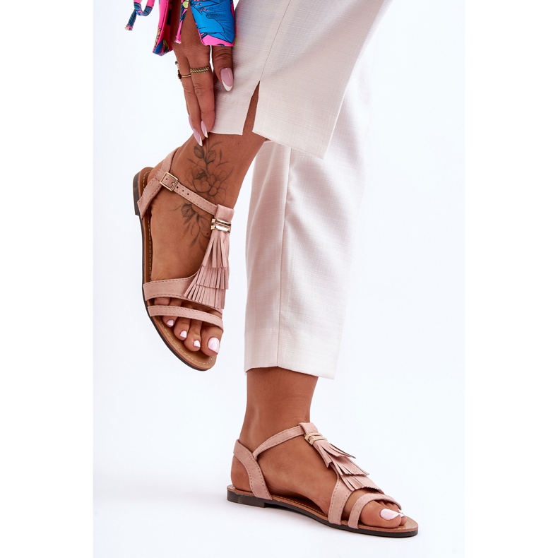 Ravne sandale od brušene kože s resicama Svijetloružičasta Viva 2