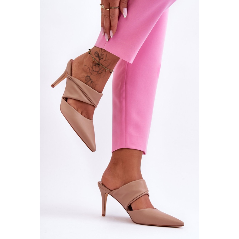 Inna Kožne papuče na visoku petu tamno bež Aveline 2