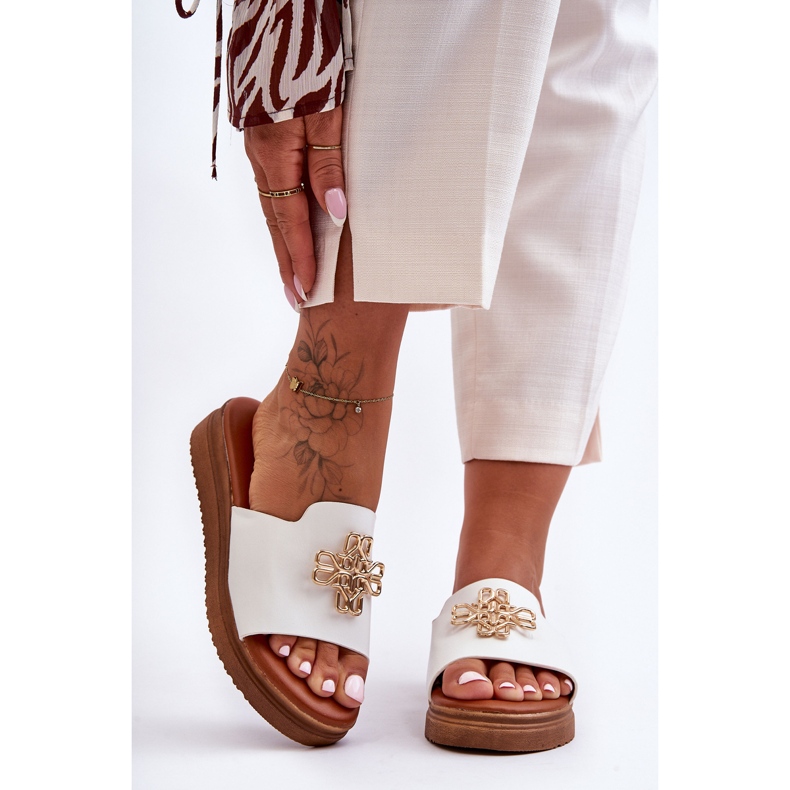 PG1 Ženske kožne papuče s platformom s bijelim Azera ukrasom bijela 2