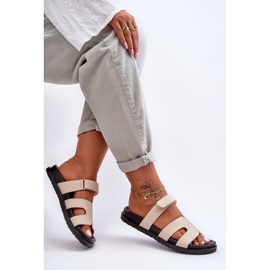 Kožne klasične ženske papuče na čičak bež Amedon 1